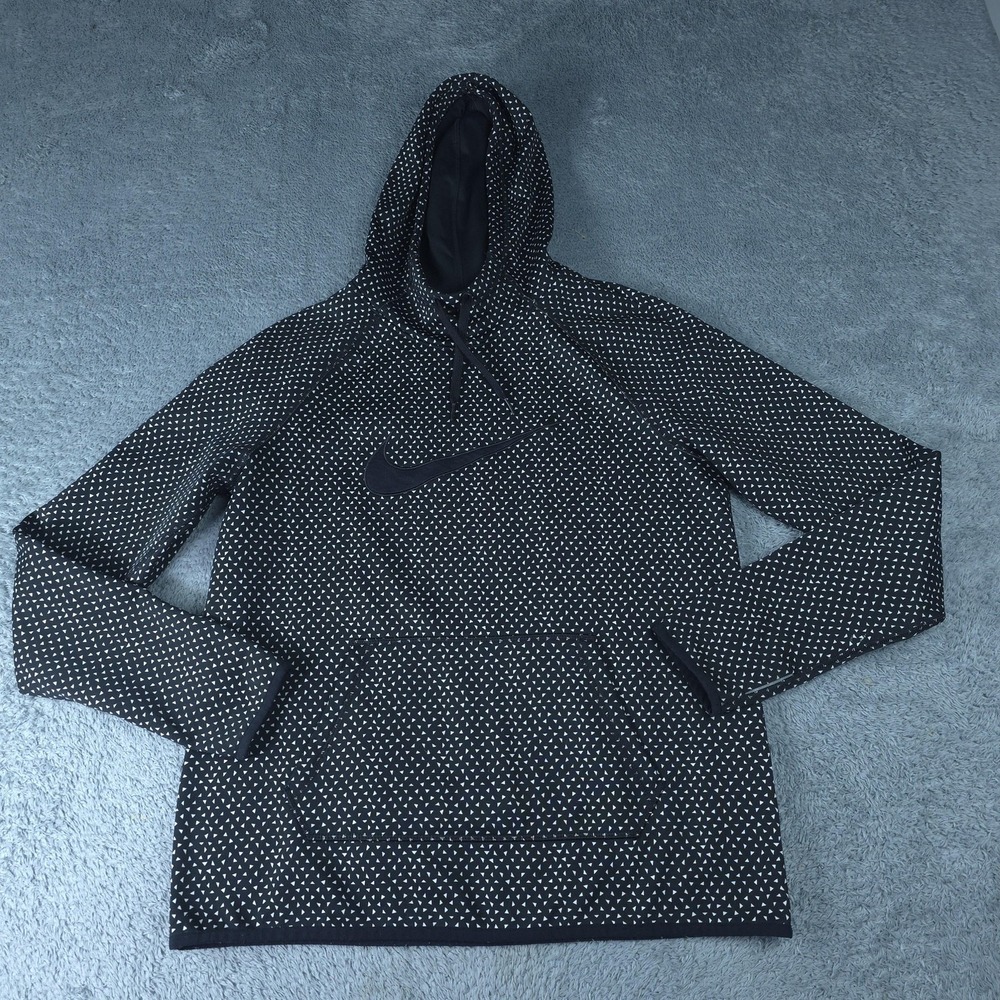 Nike Hoodie Mens Medium Black Dri-FIT Pullover Fleece Triangle Pattern Swoosh